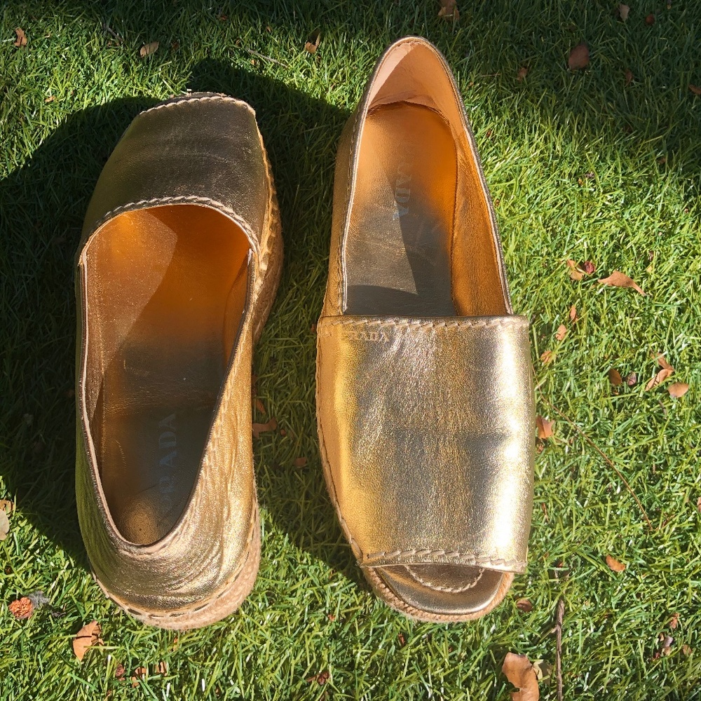 PRADA PLATFORM ESPADRILLES GOLD METALLIC